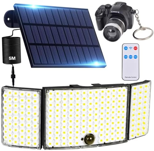 Solarlampen für Außen mit Bewegungsmelder LED Solar Strahler Solarleuchten Lampe Outdoor Aussen Licht Solarpanel Lamp Wandleuchte Scheinwerfer Fernbedienung Garten Wasserdicht + Kamera Schlüsselbund
