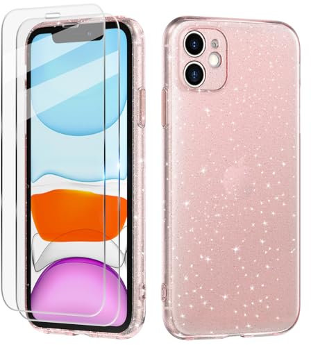 Tikgue Hülle für iPhone 11 mit 2 Stück Schutzfolie,Handyhülle Glitzer Transparent Silikon Stoßfeste Schutzhülle Slim Weich TPU Case Kompatibel mit iPhone 11 - Rosa