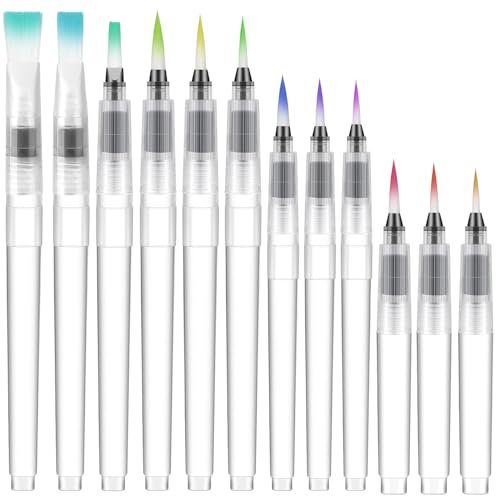 12 Stück Wasserpinsel Stifte Pinsel mit Wassertank Wassertankpinsel mit Befüllbarer Wassertank Watercolor Brush Pen für Aquarellmalerei Kalligraphie Farbe Ausfüllen