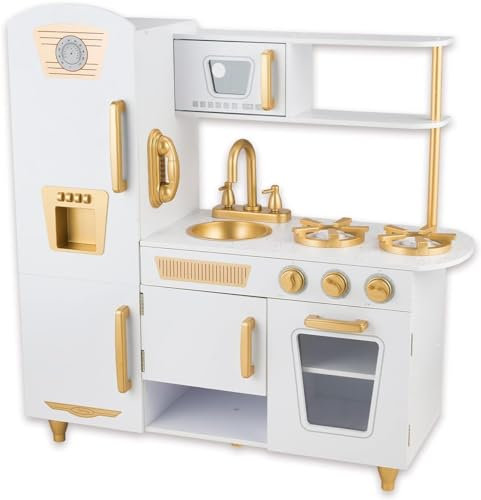 Rosa Hölzerne Kinderküche, Kinderspielküche mit Spüle Herd Backofen, Holzküche Spielzeugküche, Spielküche aus Holz mit Zubehör für Kinder ab 3 Jahren (weiß)
