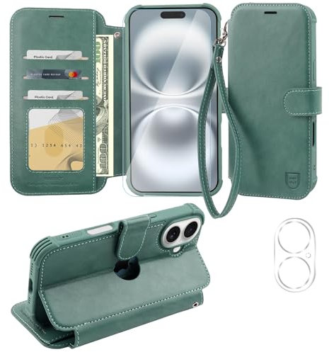 VANAVAGY Compatible for iPhone 16 Wallet Case,Rfid Flip Leather Cover with Wrist Supports Wireless Charging with Card Holder,[Glass Screen Protector and Camera Cover],Forest Green