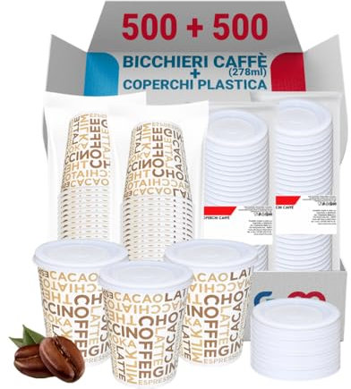 G.M. DISTRIBUZIONE 500 Bicchieri Cappuccino da 278ml con Coperchio in Plastica Piano senza Foro, Bicchieri e Coperchi Usa e Getta, Ideale per Bar e Caffetterie, Asporto Bevande Calde