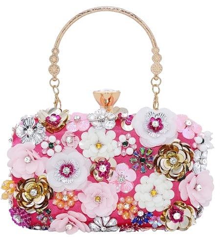 Milisente Floral Clutch Bag for Women Beaded Flower Evening Purse with Diamond Closure Detachable Chain for Wedding(Hot Pink)