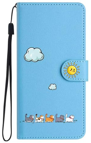 Nbziyoo Lovely Cats Phone Case for iPhone 14 Pro Max,Cute Cats/Sun Flip Wallet Case with Card Slots, Premium Magnetic PU Leather Cover for iPhone 14 Pro Max,Blue