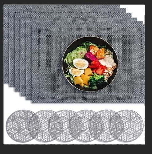 MOAMUN Set de 16 Set de Table Lavable et Dessous de Verre, PVC Résistant à La Chaleur 8 sets de Table 8 Sous Verre, Set de Table Plastique Endessous de Table Argenté Nappe pour Maison Restaurant Hôtel