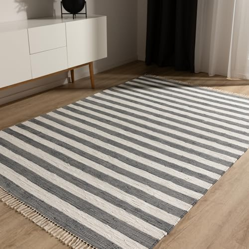 benuta Basic Baumwollteppich Tom - Grau/Creme 120x170 cm - Handgewebter Wohnzimmer Teppich - 100% Recycelte Baumwolle - Für Fußbodenheizung geeignet