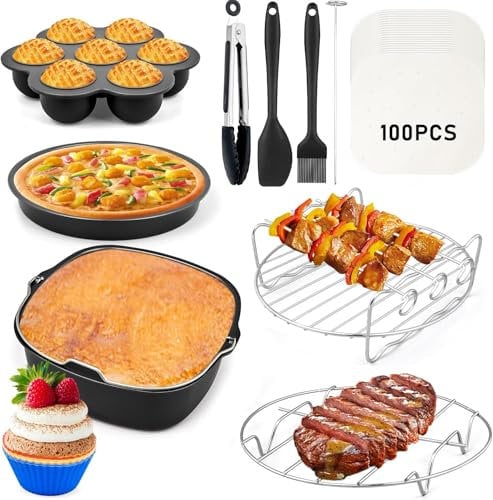 Air Fryer Accessories Set of 10, Square Air Fryer Accessories for COSORI 5.8QT 6.8QT, Instant Vortex Plus 6QT & Other 5.8 to 8QT Air Fryers with Cake Pizza Pan, Rack Skewer, Egg Bite Mold, Paper Liner
