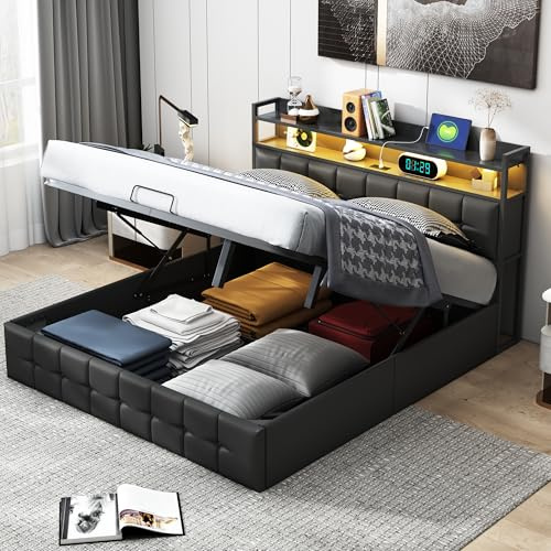 YYXLDYNB Doppelbett, 140 x 200 cm, Bettgestell mit LED-Beleuchtung und USB-Aufladung, Erwachsenenbett mit Stauraum, Bett mit 4 Schubladen, Jugendbett mit Lattenrost, ohne Matratze, PU, Schwarz