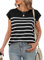 UMIPUBO Women's T-Shirt Cap Sleeves Striped Ladies Tops Summer Round Neck Casual Basic Tees Shirts (Black, XL)