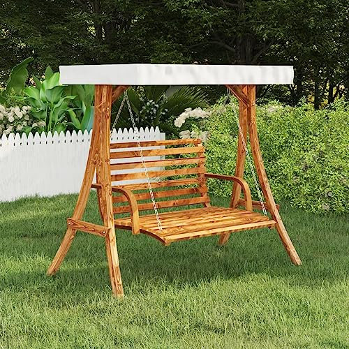 Home Garden, Schaukelgestell mit cremefarbenem Dach, massives gebogenes Holz mit Teakholz-Finish