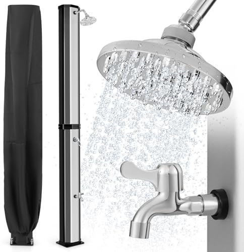 COSTWAY Douche Solaire d’Extérieur 60 L, Douche d’Extérieur à Chauffage 227 cm avec Pommeau de Douche Pivotant Robinet pour Les Pieds Housse de Protection, pour Piscine Plage Jardin (Argenté)
