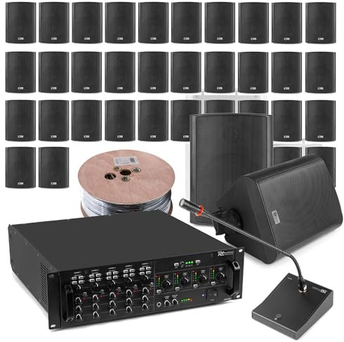 Power Dynamics 4 Zone Audio Matrix System with Bluetooth, 32 Weatherproof Wall Speakers & Paging Mic, Multi Zone PA for Background Music, Commercial Installations