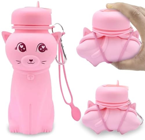 Cat Shaped Water Bottle for Girls - BPA Free Soft Silicone,Rainbow Water Bottle - Cat Shaped Outdoor Sports Cup Sports Collapsible Silicone Girls Water Bottles for School 500ml (pink)