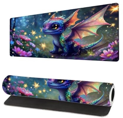 Grand Tapis de Souris XXL 900x400x3mm, Tapis de Souris Gamer Fleur avec Surface en Antidérapant Résistant à l'eau Tapis de Bureau Mouse Pad Dragon, sous Main Souris à Bords Cousus pour Bureau A-8