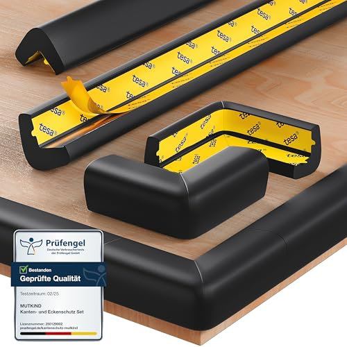 MUTKIND Kantenschutz Baby | 6 Meter + 10x Eckenschutz Baby | (Mit Kleber von TESA) Extra starker Halt - Eckenschutz Kantenschutz Selbstklebend (Schwarz)