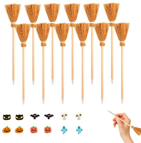 Escoba de Bruja Set de Lápices con Borradores de Halloween - 12 Lápices de Madera en Forma de Escoba - Perfecto para Fiestas y Regalos