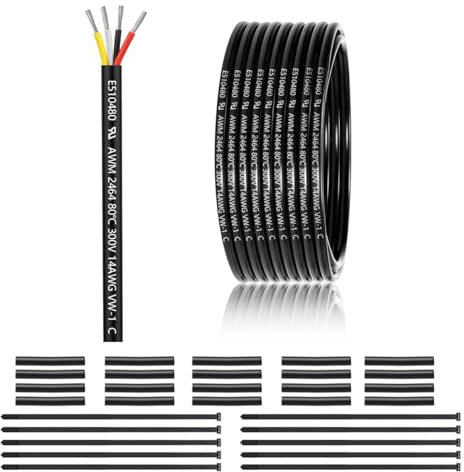 14 AWG 4 x 2.0 mm² 4 Core Cable 15 Metres, 14 AWG 4 Core Wire Made of Tinned Copper, PVC 14AWG 4 Core for DC 5V/12V/24V, LED Lighting, Extension Cable, Car etc., CE Certification