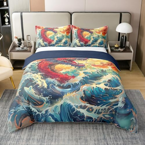 Homewish Roter Drache Baumwolle Bettbezug 135x200 Jungen Mädchen | Teenager Japanischer Stil Drache Bettwäsche Traditinal Tröster Abdeckung Asiatischer Ozean Thema Weicherr 3D-Druck Bett Set