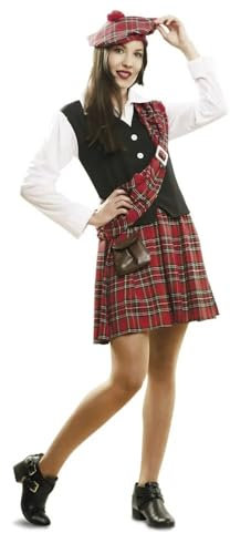 My Other Me Déguisement écossais pour femme, taille M-L. Comprend une robe à motif chemise blanche, un gilet noir, une jupe plissée rouge à carreaux avec manteau et béret assortis, et une pochette