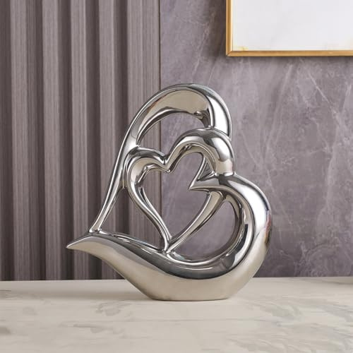 ODMYZG Decoración de Doble corazón,Estatua de cerámica de Doble corazón,decoración Creativa para el hogar,Decoración de Oficina, decoración de Mesa, Adecuada como Regalo. (Plata D)