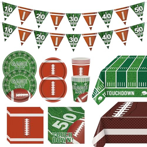 123 Pcs Football Tableware Set – Game Day Disposable Plates, Cups, Napkins, Tablecloths, and Banners Party Supplies for Tailgate, Sports Events, and Football-Themed Birthday Party Decorations