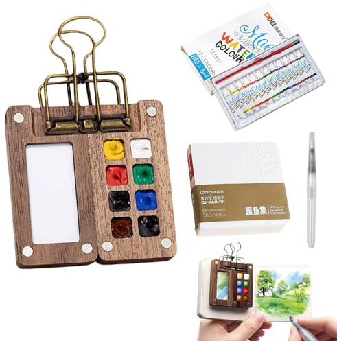Joyzan Mini kit de peinture aquarelle de voyage portable, kit de poche pour artiste aquarelle, 12 couleurs, 8 grilles, palette, pinces, carnet de croquis, stylos, peintre, débutant, esquisseur