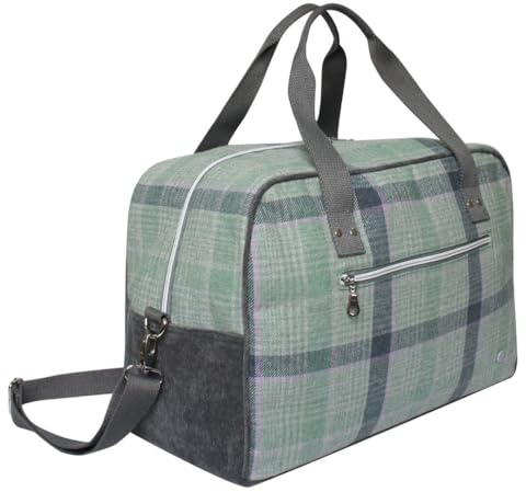 Earth Squared Fairtrade Tweed Weekender Bag – Große Reisetasche mit Schottenkaro-Muster und verstellbarem Gurt – vollständig gefütterte Gepäcktasche, grün, Large