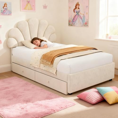 LANTRO JS Single Upholstered Beige Bed with 2 Storage Drawers, Metal and Wooden Bed Frame with Slats, Adjustable Chic Petal Headboard, No Mattress, Soft Velvet, 90 x 190cm