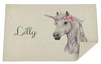 Bärenfreunde Kinder Platzdeckchen personalisiert, Platzset, abwaschbare Tischuntersetzer, Platzdecke Stoff Baby, Untersetzer mit Design lustig und Namen (Einhorn)