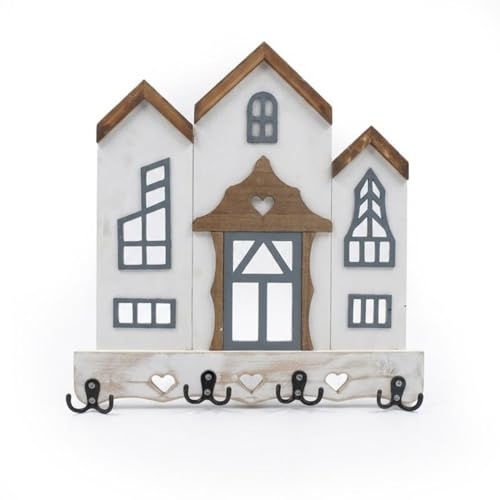 DRW Mared Garderobe mit Holzhaus und 4 Doppelhaken aus Metall in Weiß und Braun, 40 x 43 x 3 cm