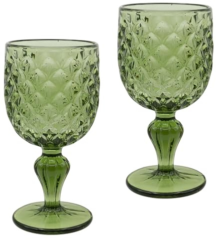 Elvida Interiors Wine Glass Embossed Vintage Goblets Alfresco Dining Glassware Kabri Green Set of 2