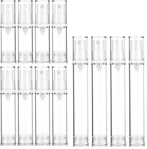 HJZHII 12pcs Airless Travel Pump Bottle, Mini Spray Bottle Refillable Clear Travel Pump Bottles Plastic Press Lotion Travels Container for Lotion Foundation Perfume DIY Creams(5ml 10ml 15ml)