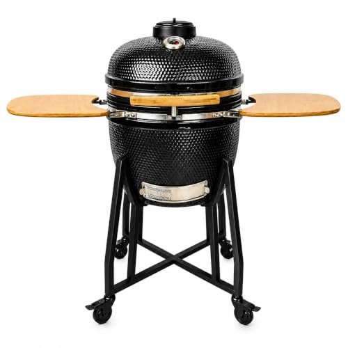 21 Inch Kamado BBQ Grill, Ceramic Charcoal BBQ Egg Smoker, Outdoor Barbeque Grill, Charcoal Grill with Stand, Shelves & Thermometer (Black, 21)