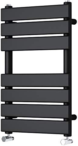 NRG Black 650mm x 400mm Heated Towel Rails Radiator | Flat Panel Bathroom Central Heating Space Saving Towel Warmer Radiators | with One Pair of Free Modern Angle Valves