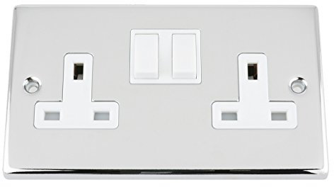 POLISHED CHROME SQUARE DOUBLE SOCKET 2 GANG WHITE INSERT PLASTIC ROCKER SWITCH