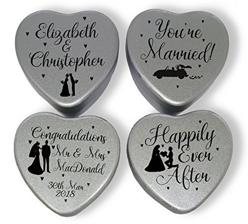 Wedding Gift Set of 4 personalised mini heart shaped tins with mints in a box perfect keepsake for happy newlywed couple. (Classic - “Happily Ever After”)
