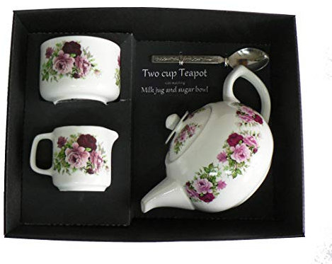 Pink Rose Teapot, Milk jug and Sugar Bowl in Gift Set - Porcelain teapot, with Matching Milk & Sugar in Gift Boxed Package