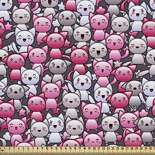 ABAKUHAUS Katze Gewebe als Meterware, Netter Kawaii Gekritzel-Spaß, Schön Gewebten Stoff für Polster und Wohnaccessoires, 1M (148x100cm), Lila Rosa Tan