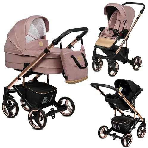Poussette Combinée Trio 3 en 1 Neri Edition Exclusive RoseGold Rose Poudré – Landau, poussette promenade, siège auto i-Size Groupe 0+ - Livrée avec ses accessoires.