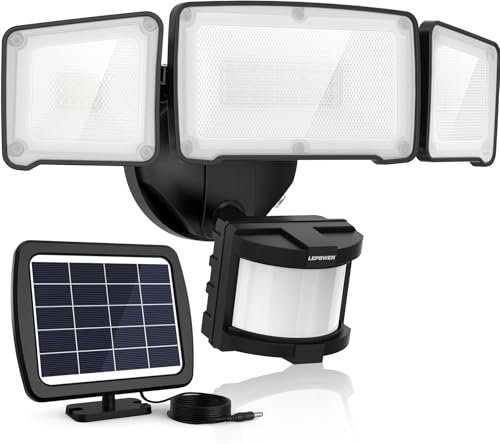 LEPOWER Solar Security Lights Outdoor Motion Sensor 1600LM LED Super Bright Solar Motion Sensor Light, 5500K IP65 Waterproof Outdoor Flood Light with 3 Adjustable Heads for Yard, Garage（Black）