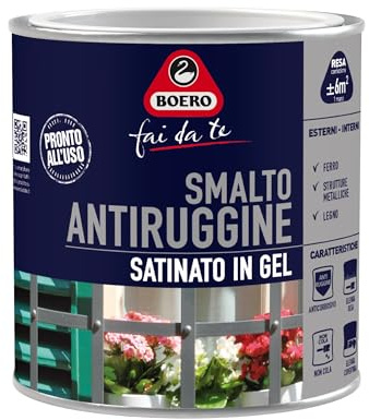 Boero Fai da Te, Smalto Antiruggine Satinato in Gel ad Alta Protezione Interno/Esterno, Pronto all’Uso, Non Cola, Per Ferro, Legno, Strutture Metalliche, Latta da 0,5L, Colore Bianco