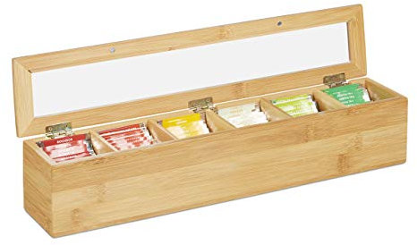 Relaxdays 10031460 Teebox Bambus, 6 Fächer, 72 Teebeutel, Klappdeckel, Aromaschutz, längliche Teekiste, HBT: 9 x 44 x 9 cm, natur