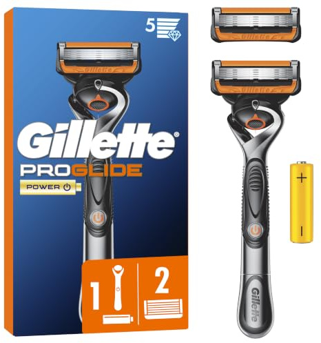 Gillette Proglide Power Rasoio Barba Manuale, 2 Lamette Uomo, Multicolore | 1 Manico, 2 Lamette di Ricambio per Rasoio Barba Uomo, Rasatura Profonda, con Doppia Lubrificazione Prima e Dopo il Passaggio