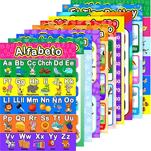 Outus Póster educativo en español, póster de aula en español, tabla de aprendizaje para niños de preescolar, primaria y escuela en casa, decoración de clases de jardín de infantes (10 piezas, varios