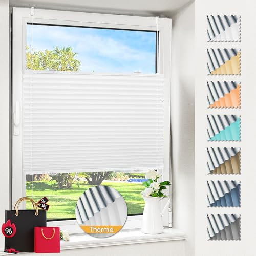 Magiea Plissee ohne Bohren verdunkelung, Thermo Plisseerollo Klemmfix, Weiß 55x120cm(BxH), Verdunklungsplissee 100% lichtundurchlässig, Faltrollo für Fenster, Sichtschutz Sonnenschutz