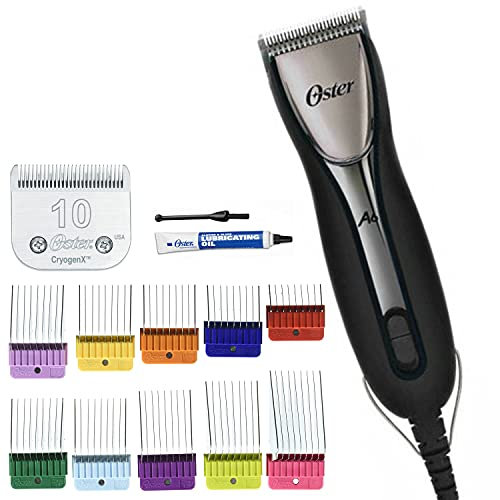 Oster Leistungsstarke A6 Slim Heavy Duty 3 Speed Pro Fellpflege-Schermaschine inkl. #10 Klinge 10 Stück Edelstahl Haustier Clipper Guide Comb Kit