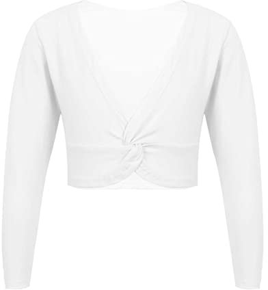 IEFIEL Enfant Cache-Coeur Danse Fille Veste de Ballet Manches Longues Gilet de Danse Classique Ballet Fille boléro Croisé Noeud Blanc 6-10 Ans