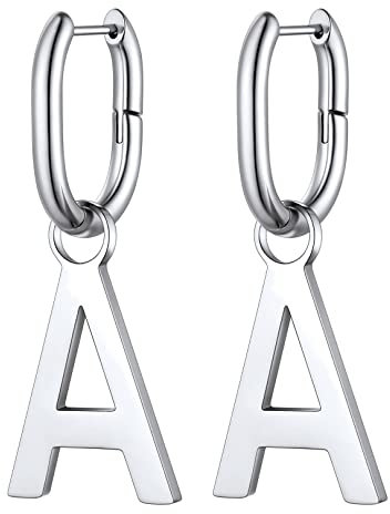 FOCALOOK Damen U-förmige Creolen Ohrringe, Ohrringe mit Buchstabe A, 316L Edelstahl Ohrhänger in Silber, Hängende Ohrringe für Geliebte/Freundin/Tochter zum Geburtstag/Valentinstag/Weihnachte