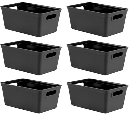 simpa 4L 4 Litre Plastic Storage Basket Studio Organiser Trays with Handles - Black, Set of 6 Trays - 11cm (H) x 25cm (L) x 17cm (W)