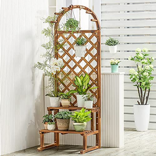 LIGUOYI Großer Stehendes Blumenregal, Holz Pflanzentreppe Mit 2 Ebenen, Innen- Und Außenecke Pflanzenregale Mit Aufhängestange, Halbkreis Dekorativer Blumentopfständer Für Balkon Garten Terrasse